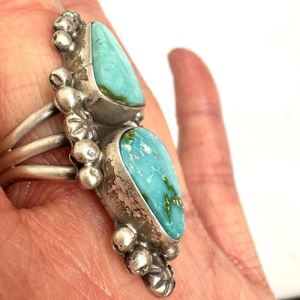 Long‎ Navajo Sonoran Turquoise Ring Sz 8 Signed Skeets Sterling Two Stone Native